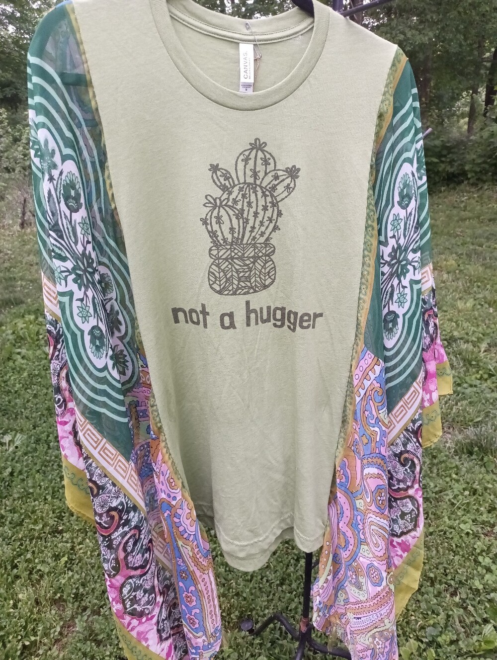 Kimono Leave Graphic Tee, 008k, Upcycled Boutique Top, Handmade Wearable Art